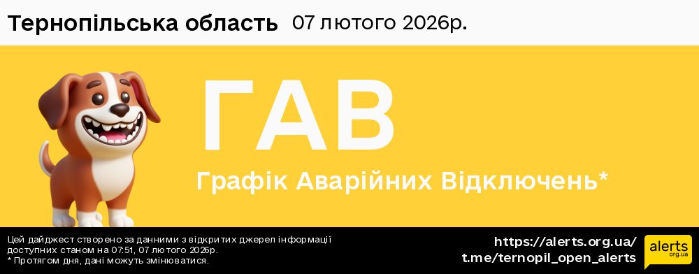 Тернопільська область / 07.02.2026 - Графік відключення світла на всі групи