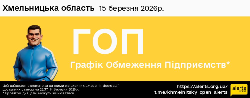 Хмельницька область / 15.03.2026 - Графік відключення світла на всі групи