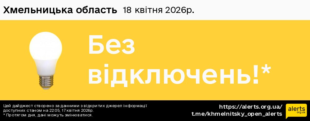 Хмельницька область / 18.04.2026 - Графік відключення світла на всі групи