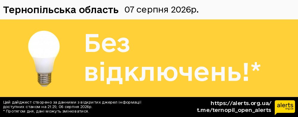 Тернопільська область / 07.08.2026 - Графік відключення світла на всі групи